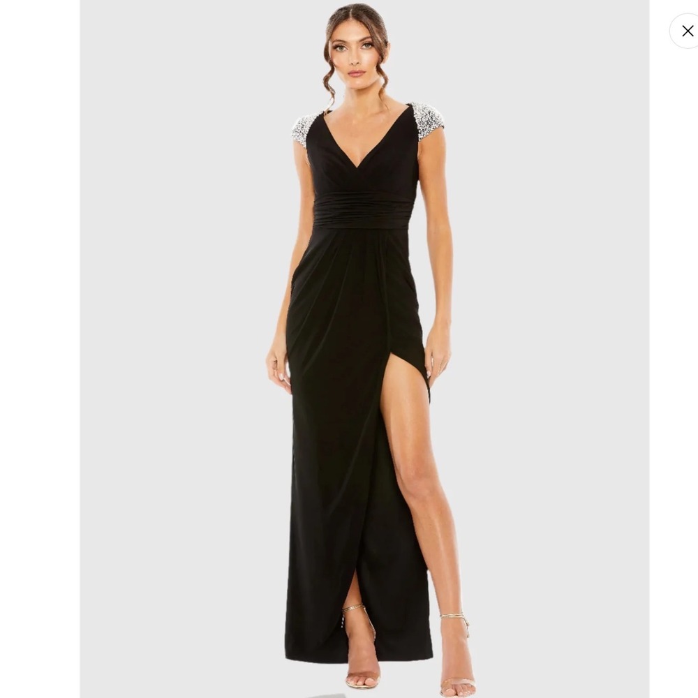 Mac Duggal Embellished Cap Sleeve Faux Wrap Slit Gown Black Size 14 New W/ Tags